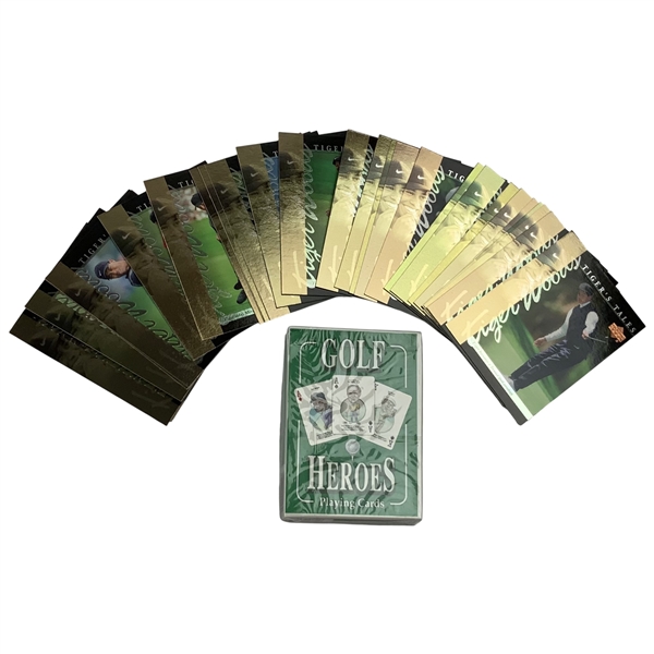 A Collection of 2001 Upper Deck Tiger Woods Tiger s Tales Cards and a Sealed Golf Heroes Playing Card Deck