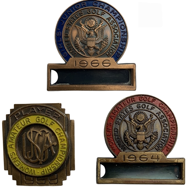 A Pair of USGA Womens Amateur Golf Championship Participant Pins from 1959 and 1964 w/ 1966 Junior Championship Contestant Badge 