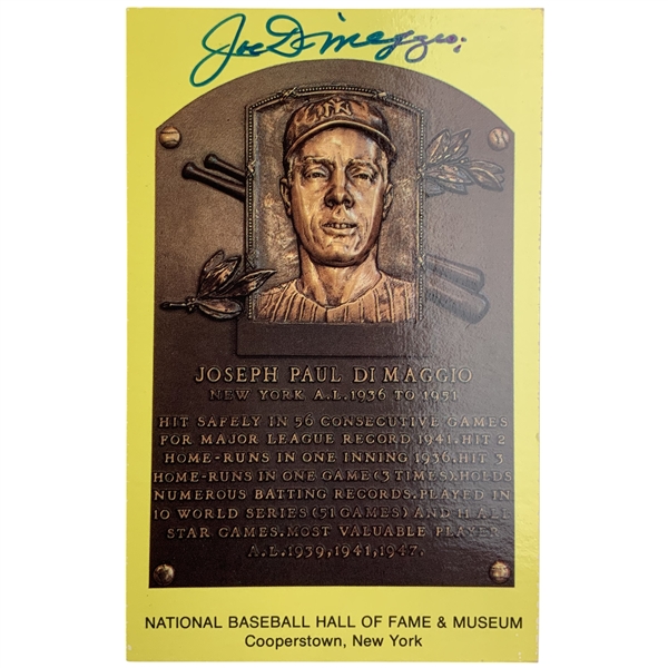 Joe DiMaggio Signed National Baseball Hall of Fame Plaque Postcard JSA ALOA