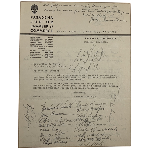 Craig Wood, Horton Smith, Ralph Guldahl & Field Signed 1933 Pasadena Open Letter to Founder Arthur K. Bourne Featuring Nine Hall of Famers! JSA ALOA