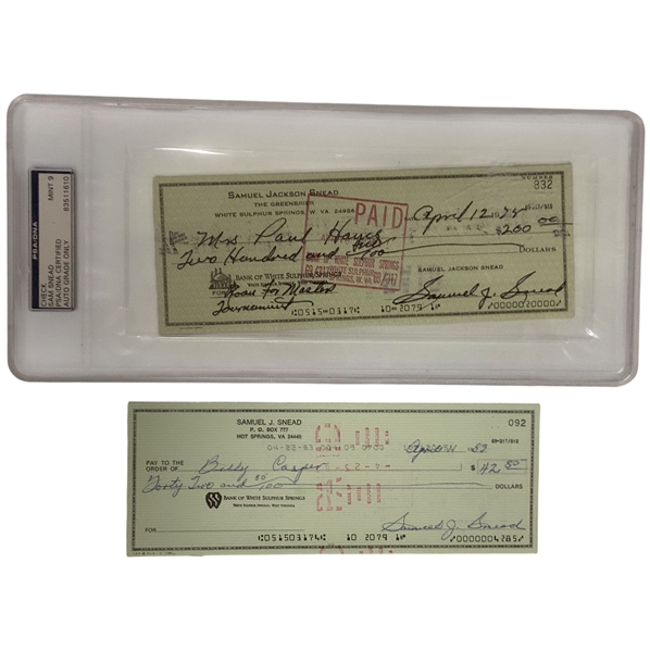 Two Sam Snead Signed Personal Checks Including One to Billy Casper and One PSA DNA Mint 9 JSA ALOA