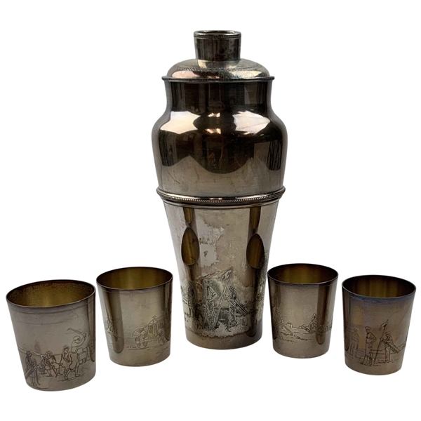 A Set of Meriden Silver-Plated Art Deco Cocktail Items with Golfing Decoration