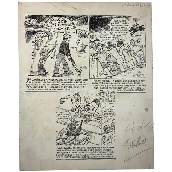 Original 1945 Byron Nelson Sports Cartoon Art Drawing by Bill Simpson for Oakland Post-Enquirer