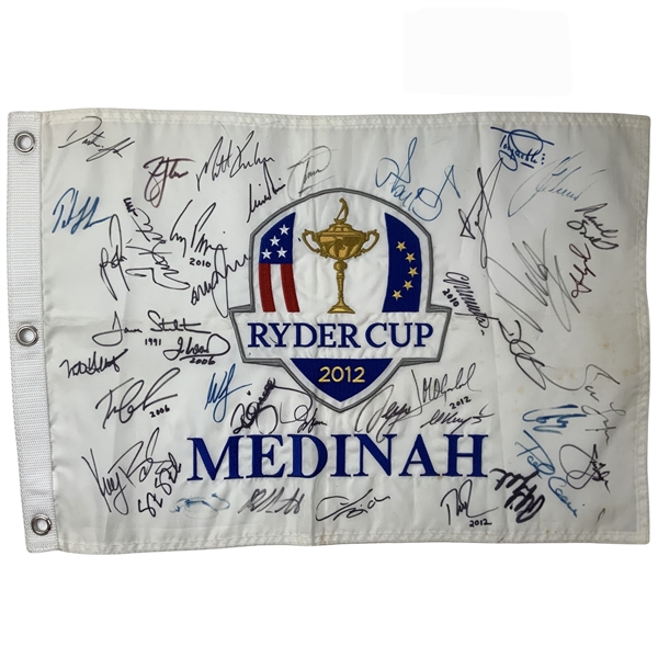 Both Team Signed 2012 Ryder Cup Medinah Country Club Flag JSA ALOA
