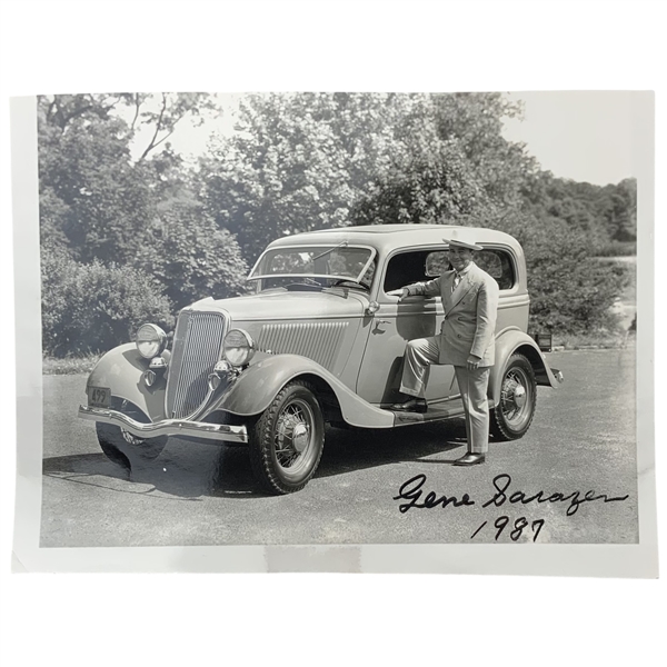 Gene Sarazen Signed Photograph Posing with a 1934 Ford Tudor Sedan