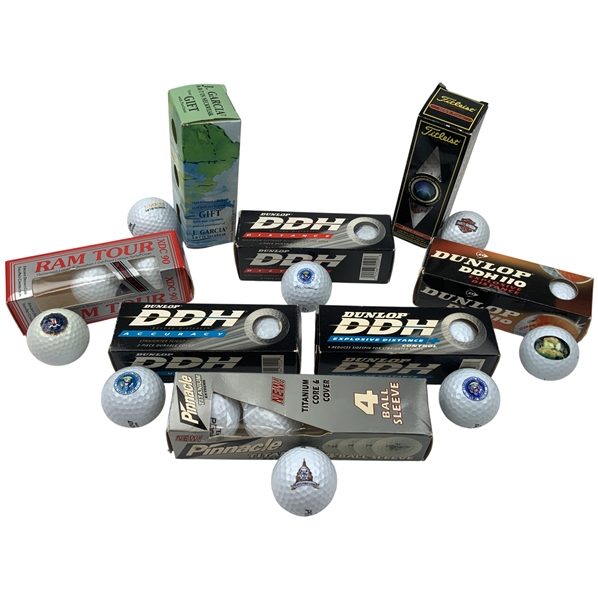A Collection of Themed Collectible Golf Balls and Original Packaging including Dunlop Titleist Ram and Pinnacle
