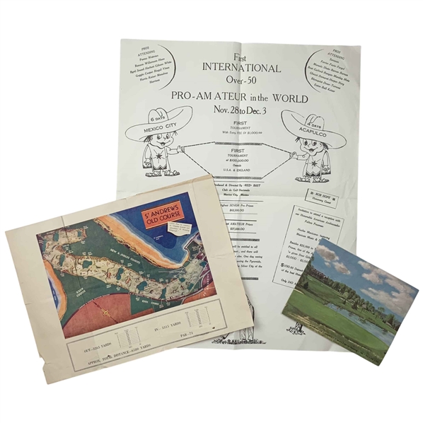Vintage Golf Ephemera Including St. Andrews Old Course Map, Baltusrol and Mexico Pro-Am Flyer