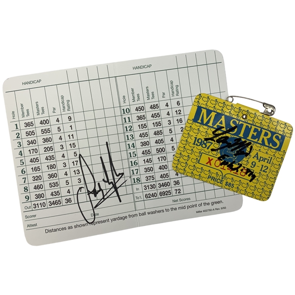 Larry Mize Signed 1987 Masters Series Badge & Sandy Lyle Signed Augusta National Golf Club Scorecard JSA ALOA