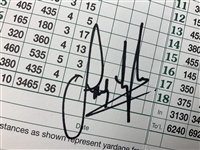 Larry Mize Signed 1987 Masters Series Badge & Sandy Lyle Signed Augusta National Golf Club Scorecard JSA ALOA
