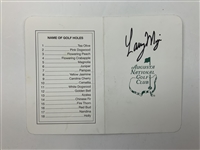 Larry Mize Signed 1987 Masters Series Badge & Sandy Lyle Signed Augusta National Golf Club Scorecard JSA ALOA