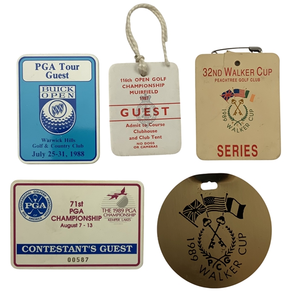 A Collection of Vintage Golf Tournament Badges and Bag Tags from the 1987-1989 Seasons