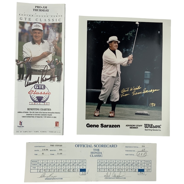 A Trio of Signed Golf Memorabilia featuring Arnold Palmer, Gene Sarazen, Fred Couples, and Gary Player JSA ALOA