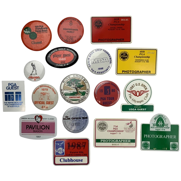 A Collection of 17 Vintage Golf Tournament Credentials and Pins 1977-1992 Including Major Championships