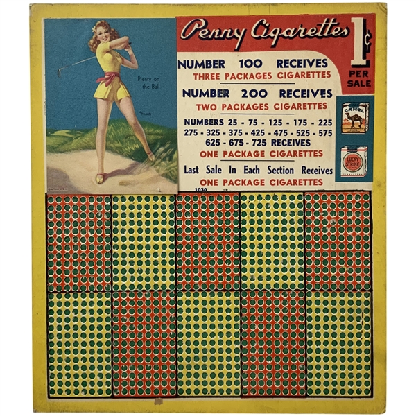 1940’s Penny Cigarettes Pin-Up Golf Trade Stimulator Punch Board