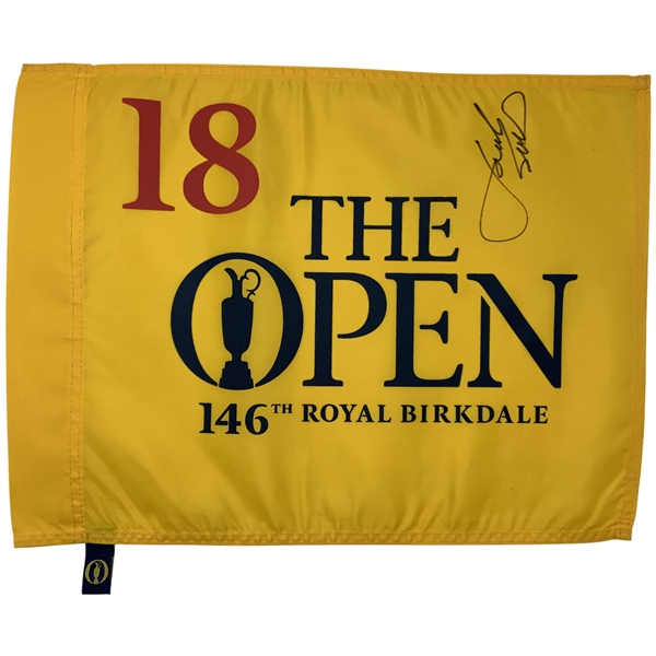 Jordan Spieth Signed 2017 Open Championship at Royal Birkdale Flag JSA ALOA