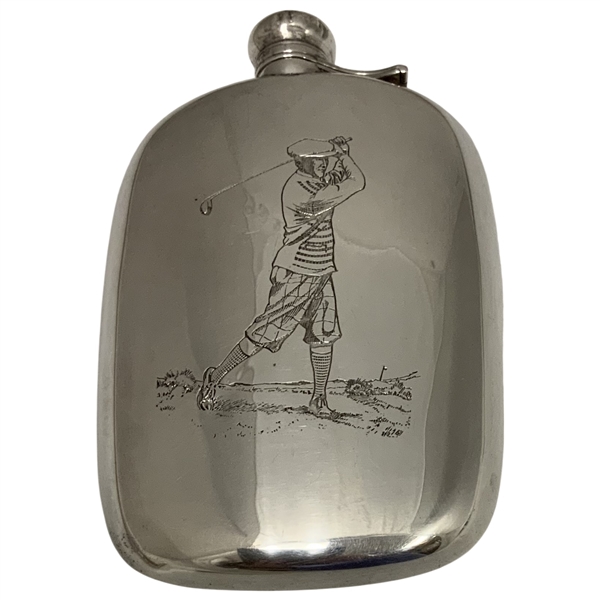 Sterling Silver Flask w/ Finely Detailed Golfer