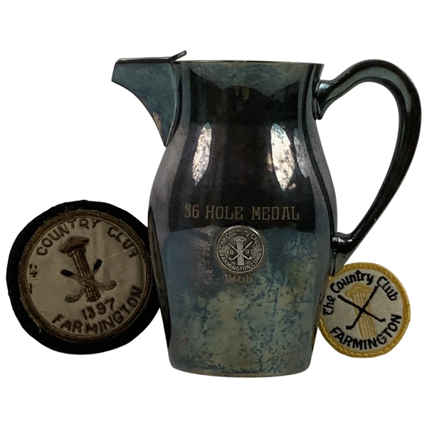 The Country Club of Farmington Silver-Plated 36 Hole Medal Golf Trophy Pitcher and Two Vintage Patches