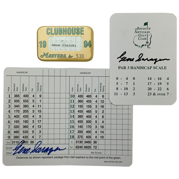 A Trio of Augusta National Golf Club Memorabilia featuring Gene Sarazen Signed Cards and 1994 Masters Clubhouse Badge JSA ALOA