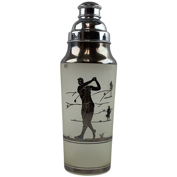 Vintage Frosted Glass Three Piece Cocktail Shaker with Silver Overlay Golfing Motif