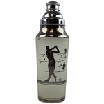 Vintage Frosted Glass Three Piece Cocktail Shaker with Silver Overlay Golfing Motif