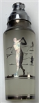 Vintage Frosted Glass Three Piece Cocktail Shaker with Silver Overlay Golfing Motif