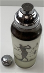 Vintage Frosted Glass Three Piece Cocktail Shaker with Silver Overlay Golfing Motif