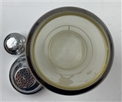 Vintage Frosted Glass Three Piece Cocktail Shaker with Silver Overlay Golfing Motif