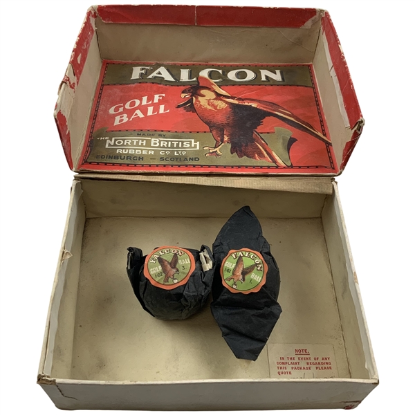 c.1920 North British Rubber Co Falcon Golf Ball Box w/ 2 Sealed Falcon Golf Balls Within