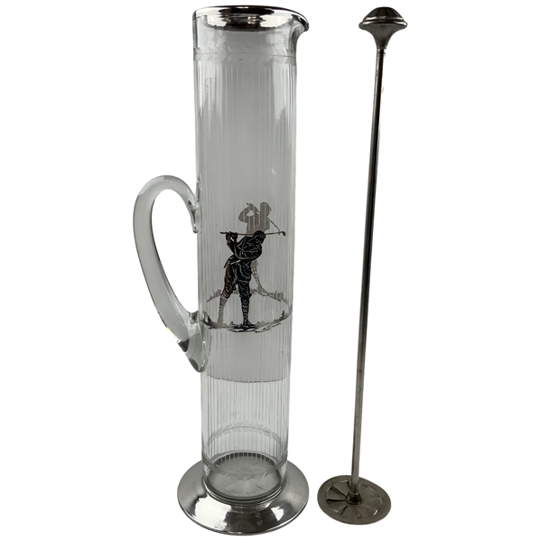 Vintage Tall Sterling Silver Overlay Golf Motif Glass Cocktail Pitcher w/ Uncommon Stirrer Set