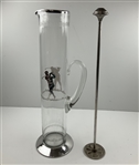 Vintage Tall Sterling Silver Overlay Golf Motif Glass Cocktail Pitcher w/ Uncommon Stirrer Set