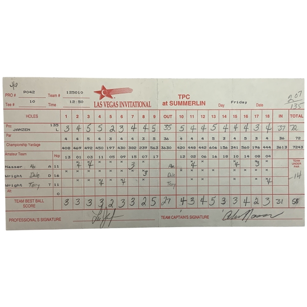 1996 Las Vegas Invit. Pro-Am Used Official Scorecard Signed by Lee Janzen- Tiger Woods 1st Win