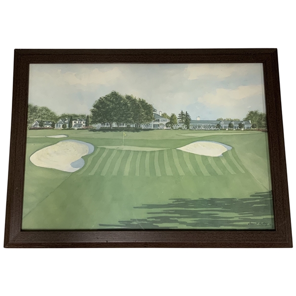 Original 1990 Augusta National Golf Club Watercolor Painting by Susan C. Harkey of the 18th Hole & Clubhouse