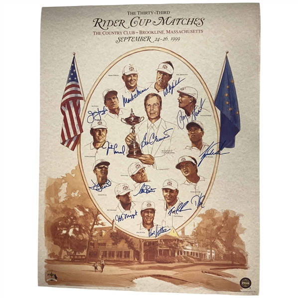 1999 United States Ryder Cup Team Signed Issued Poster includ. Payne & Tiger JSA ALOA