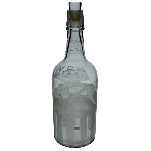 Etched and Frosted Glass Golf Themed Decanter with Two Ground Stoppers