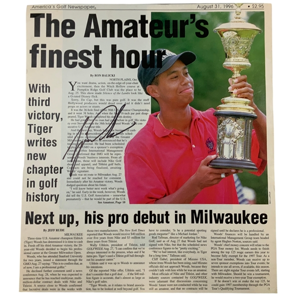 Tiger Woods Signed Americas Golf Newspaper August 31 1996 Issue JSA ALOA