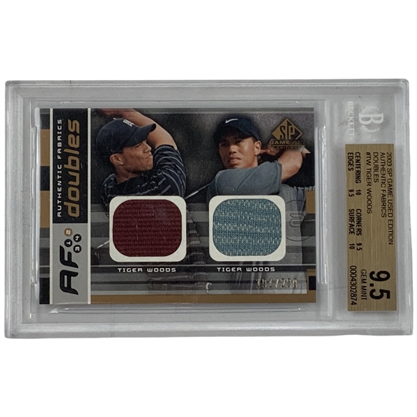 2003 Upper Deck SP Game Used Edition Authentic Fabrics Doubles #AFD-TW Tiger Woods Dual Swatch Card 191/200 BGS 9.5 Gem Mint