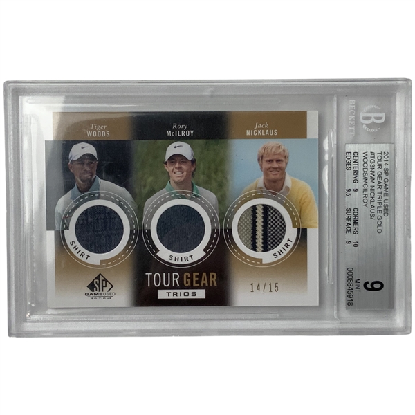 2014 Upper Deck SP Game Used Tour Gear Triple Gold Tiger Woods, Rory McIlroy (RC) & Jack Nicklaus Triple Shirt Card 14/15 BGS 9 Mint