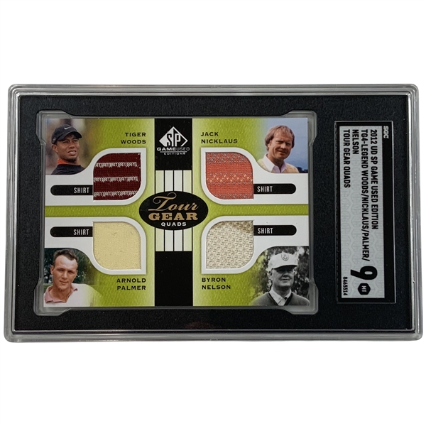 2012 Upper Deck SP Game Used Edition Tour Gear Quads TG4-LEGEND Tiger Woods Jack Nicklaus Arnold Palmer Byron Nelson SGC 9 Mint