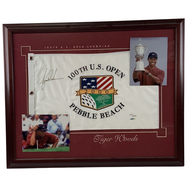 Tiger Woods Signed 2000 US Open at Pebble Beach Ltd Ed /500 Flag UDA - Framed