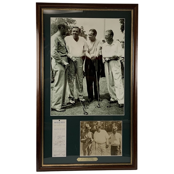 Babe Ruth, Bob Hope, Craig Wood & Vic Ghezzi Signed 1942 Exhibition Golf Match Ticket w/ Original Photo - Framed JSA ALOA