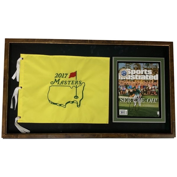 Sergio Garcia Signed Sports Illustrated Magazine and 2017 Masters Tournament Flag Framed Display JSA ALOA