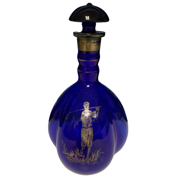 1920’s Cobalt 3-Lobe Blue Glass Decanter with Sterling Silver Overlay Golf Decoration