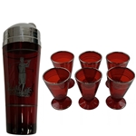 Circa 1920’s Set of Six Golf Ruby Red Sterling Silver Glass Cordials w/ Ruby Red Sterling Glass Cocktail Shaker 