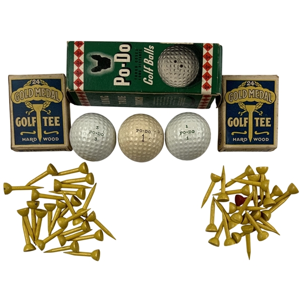 A Group of Three Po-Do Walgreen Golf Balls and Two Boxes of Gold Medal Hard Wood Golf Tees