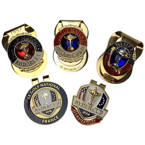 A Collection of Five Professional Golf Commemorative Money Clips