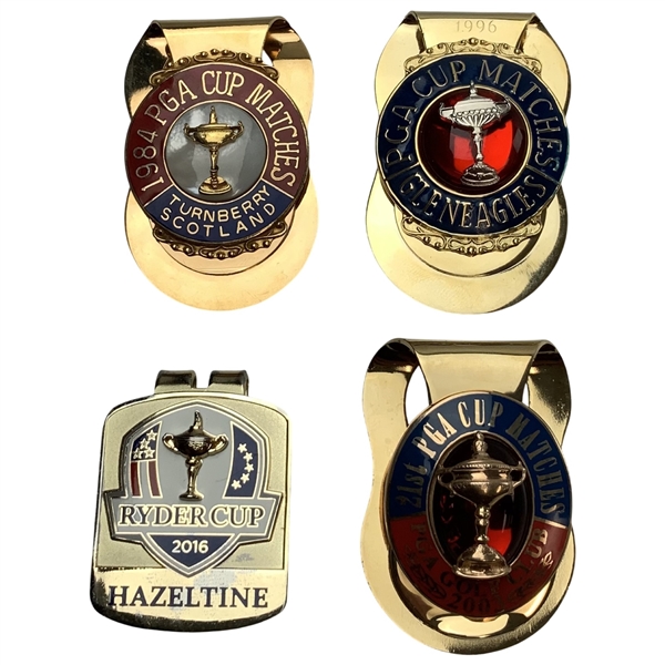 A Collection of Four PGA Cup and Ryder Cup Commemorative Gold Tone Money Clips