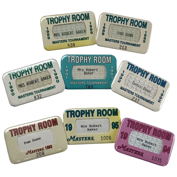 A Run of Eight (7 Different) Masters Trophy Room Access Badges 1989-1995 - Tiger Masters Debut
