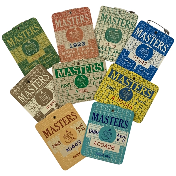 A Collection of Nine Masters Tournament Series Badges 1980-1989 Less 1986