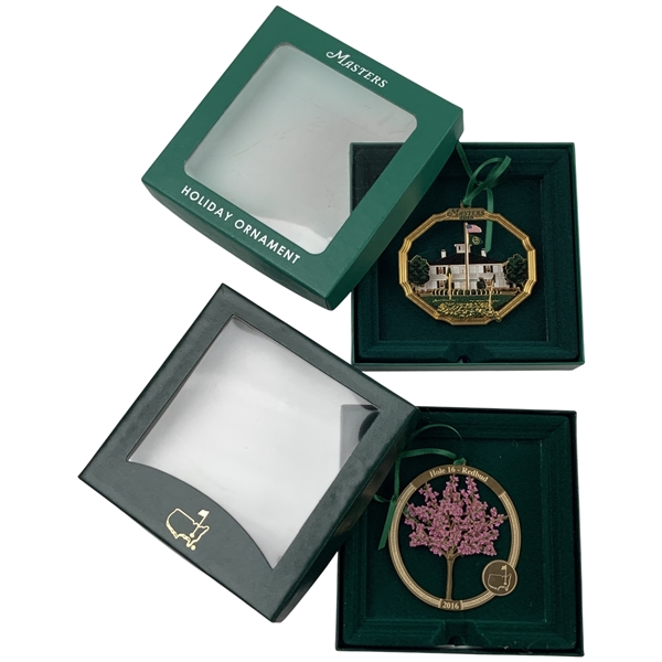Two Masters Tournament Holiday Ornaments Including 2016 Hole 16 Redbud and 2019 Clubhouse