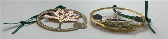 Two Masters Tournament Holiday Ornaments Including 2016 Hole 16 Redbud and 2019 Clubhouse